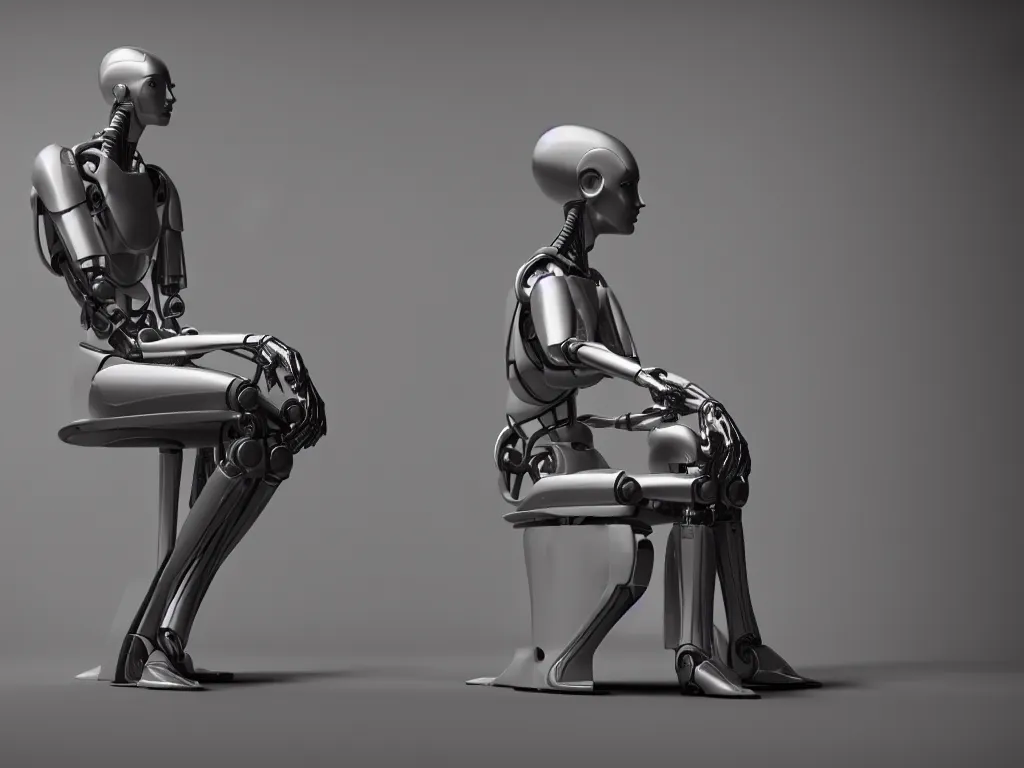 Prompt: an I Robot sitting on a chair and thinking, the thinker, by mario feng, ray tracing, master shot, octane render, 8k, ultra hd, perfect light