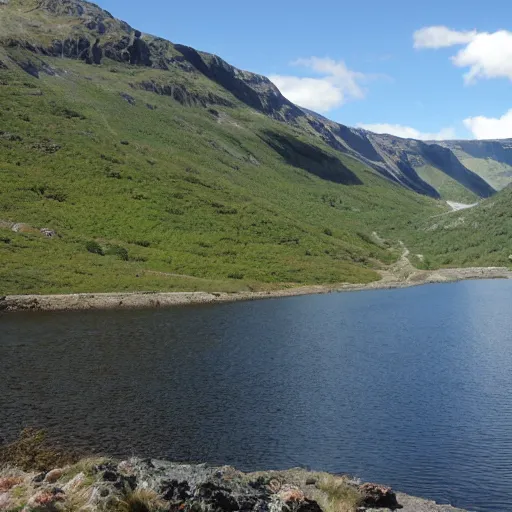 Prompt: a fjord in a xeric shrubland.