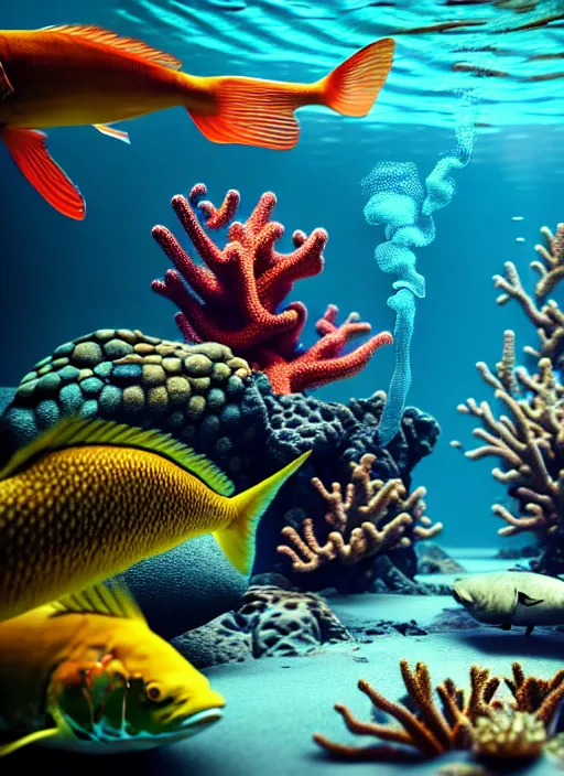 Prompt: hyperrealism, detailed textures, photorealistic 3 d render, an underwater scene with brightly coloured fish smoking cigars, brightly coloured coral, ultra realistic, ultra high pixel detail, cinematic, intricate, cinematic light, octane render, concept art, illustration, art station, unreal engine 8 k