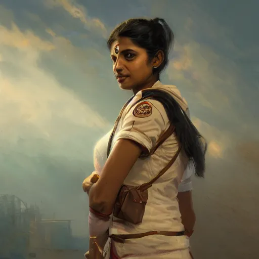 Image similar to Anxious beautiful young female Indian Doctor catching a flight, by Cedric Peyravernay, highly detailed, excellent composition, cinematic concept art, dramatic lighting, trending on ArtStation