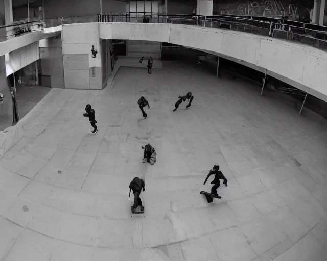 Image similar to camera footage of a Darpa Robot hunting skateboarders in an abandoned shopping mall, high exposure, dark, monochrome, camera, grainy, CCTV, security camera footage, timestamp, zoomed in, fish-eye lense, Robot, Skateboarding, Drone, Intense, Darpa,