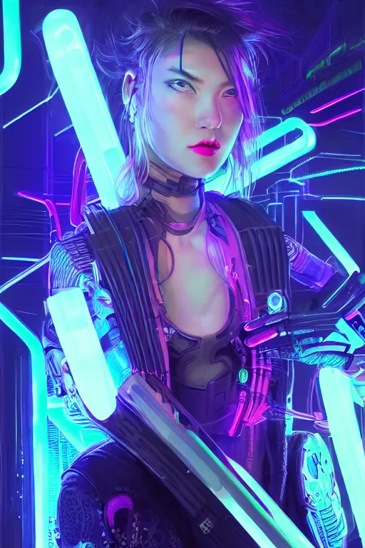 Image similar to portrait futuristic dreaming cyberpunk female ninja, in futuristic neon light and firefly tokyo rooftop cyberpunk night, ssci-fi, fantasy, intricate, very very beautiful, elegant, neon light, highly detailed, digital painting, artstation, concept art, soft light, hdri, smooth, sharp focus, illustration, art by tian zi and craig mullins and WLOP and alphonse mucha