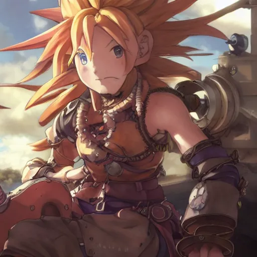 Image similar to steam punk, chrono trigger, detailed anime characters, starring crono, marle and ayla, vivid light, greg rutkowski, uhd, uhd uhd uhd, 8 k, shallow depth of field, intricate detail, concept art!