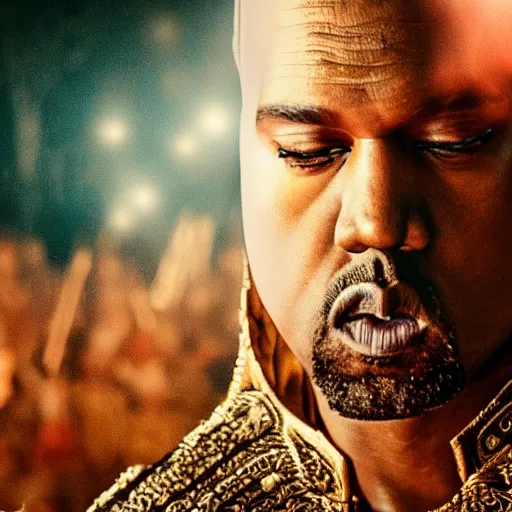 Image similar to kanye west as emperor napoleon in elden ring, splash art, movie still, cinematic lighting, dramatic, octane render, long lens, shallow depth of field, bokeh, anamorphic lens flare, 8 k, hyper detailed, 3 5 mm film grain