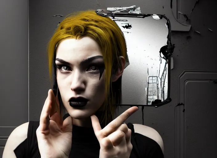 Image similar to octane render photographic portrait by quentin tarantino of a beautiful feminine man wearing black techwear and light makeup looking in a broken bathroom mirror, rundown new york apartment, full shot, retrofuturism grunge cyberpunk cinematic, 4 k, 8 k, hd, high resolution, ultra realistic faces, photorealistic, intricate detail, trending on artstation, digital painting, clockwork orange