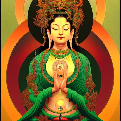 Image similar to intense portrait of the green tara bodhisattva meditating, intricate, elegant, highly detailed, my rendition, digital painting, artstation, concept art, smooth, sharp focus, illustration, art by artgerm and greg rutkowski and alphonse mucha