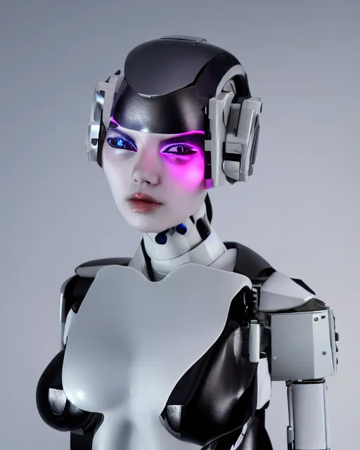 Image similar to 3 / 4 portrait photo of sensual dancer as a cyberpunk mecha humanoid robotic head shoulder parts with straight bright led lights, inside white room, ultra - realistic and detailed, 8 k