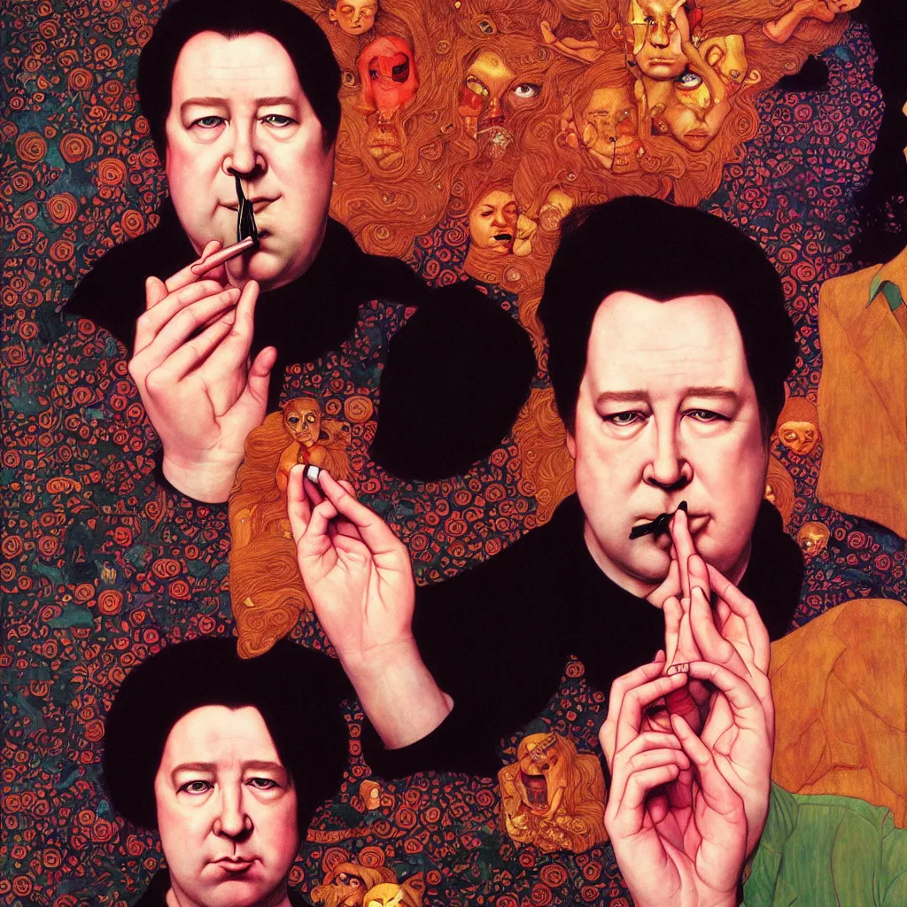 Image similar to weird and disturbing portrait of bill hicks smoking, vivid colors, neon, art by ( ( ( kuvshinov ilya ) ) ) and wayne barlowe and gustav klimt and artgerm and wlop and william - adolphe bouguereau