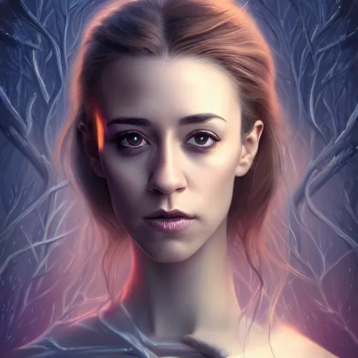 Image similar to gorgeous female stella maeve magician, realistic character concept, medium shot, elegant pose, spooky, illustration, symmetrical face and body, realistic symmetrical eyes, artstation, cinematic lighting, detailed realistic symmetrical eyes, cgsociety, 8 k, charlie bowater, tom bagshaw, single face, insanely detailed and intricate elegant, autumn leaves