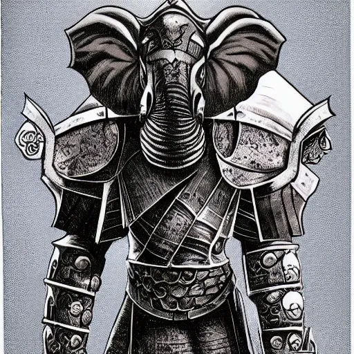 Prompt: elephantine armored knight, anthropomorphic humanoid, elephant head, dungeons and dragons manual illustration, al - qadim