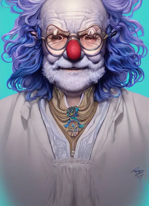 Image similar to wrinkled old clown with curly shiny shimmering blue hair, path traced, highly detailed, high quality, digital painting, by studio ghibli and alphonse mucha, leesha hannigan, hidari, disney