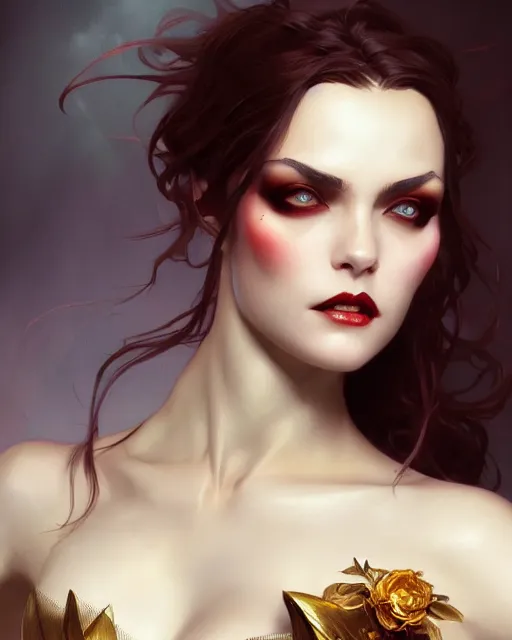 Image similar to female vampire, perfect face, gold corset, cinematic, stunning, highly detailed, digital painting, artstation, smooth, hard focus, illustration, art by artgerm and greg rutkowski and alphonse mucha