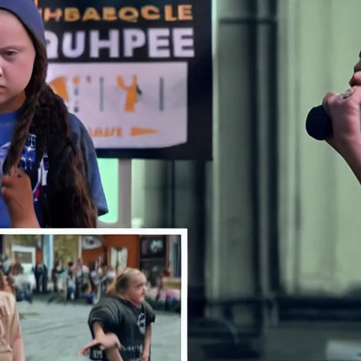 Image similar to greta thunberg hip hop rap battle video still,