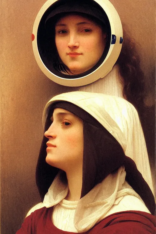 Image similar to portrait of women in astronaut helmets an ancient human species, single person, by bouguereau