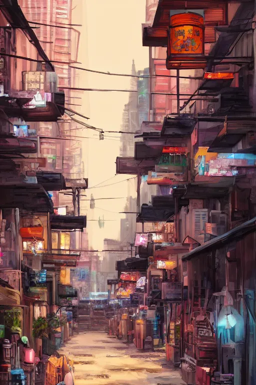 Image similar to backlane alley hawker street with kuala lumpur twin towers in the background, evening, highly detailed matte painting, studio ghibli, artstation