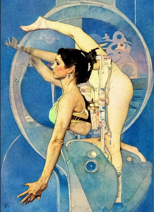 Prompt: an art nouveau illustration of a futuristic girl doing yoga by norman rockwell and john berkey