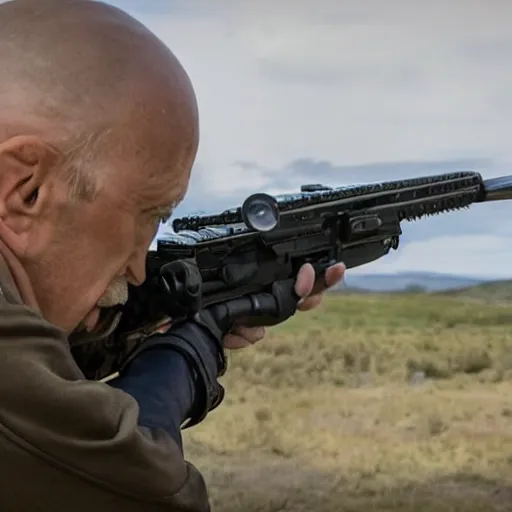 Image similar to Film Still of Mike Ehrmantraut aiming a sniper rifle in a new Breaking bad movie, 8k, highly detailed, centered