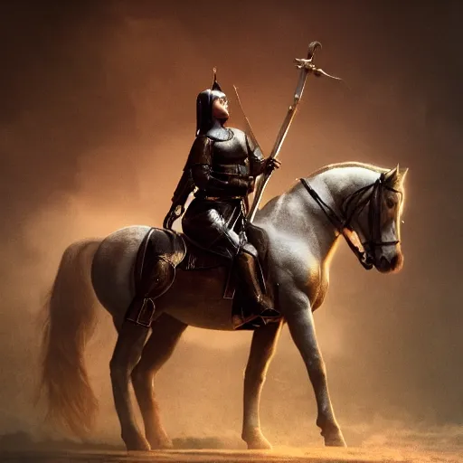 Image similar to Joan of Arc on a horse commanding an French army, octane render, dramatic lighting, hyperrealistic, high detailed, cinematic, artstation