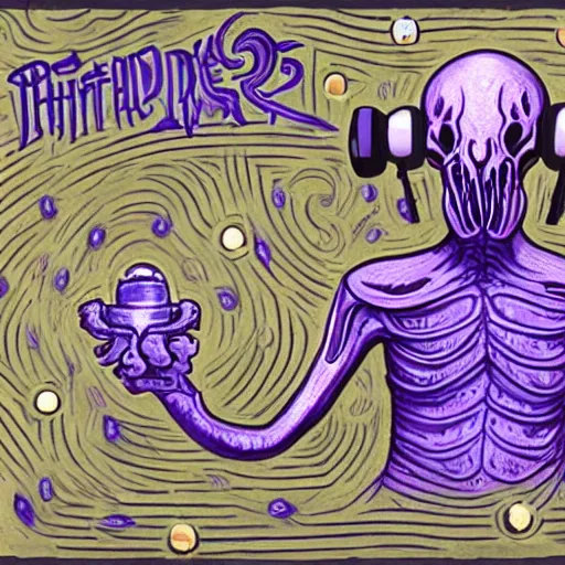 Image similar to ilithid mindflayer with headphones playing synthesizers, D&D, sigils, glowing candles,