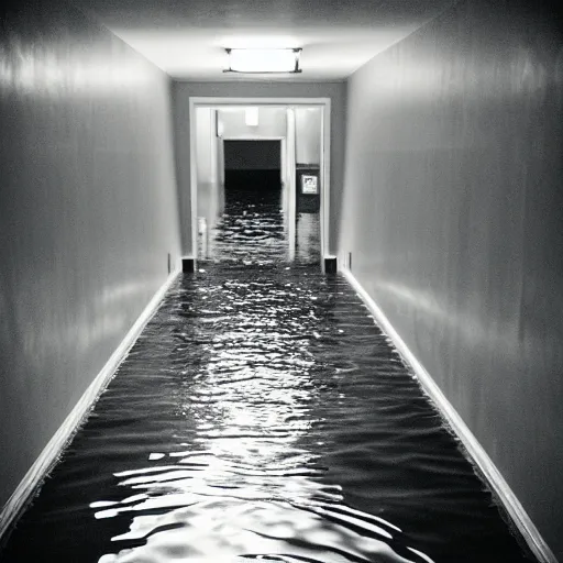 Image similar to a flooded hotel hallway leading to an indoor pool, polaroid, liminal space, surreal,