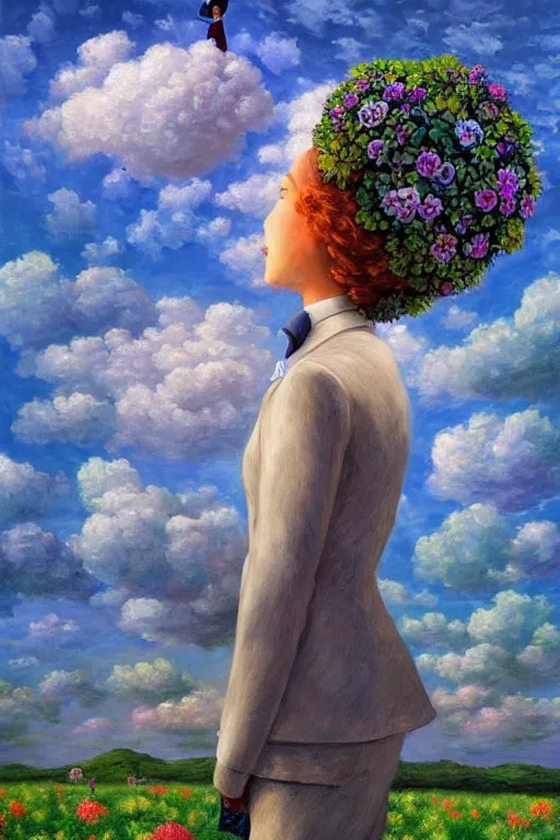 Image similar to closeup, giant flower head, woman in suit, clouds in sky, surreal, impressionist painting, digital painting, artstation, rob gonsalves