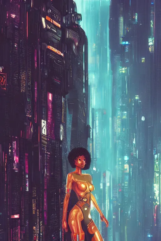 Image similar to a beautiful young Black woman, cyberpunk, Blade Runner city background, highly detailed, artstation, illustration, art by Gustav Klimt