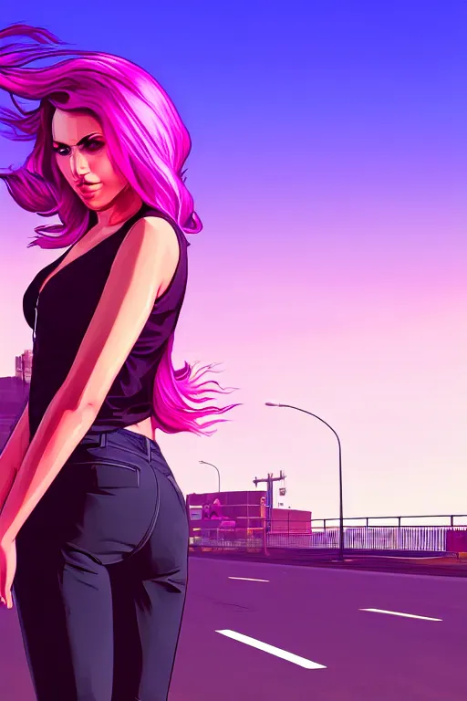 Image similar to a stunning GTA V loading screen with a beautiful woman with ombre purple pink hairstyle, hair blowing in the wind, sunset mood, outrun, vaporware, retro, digital art, trending on artstation