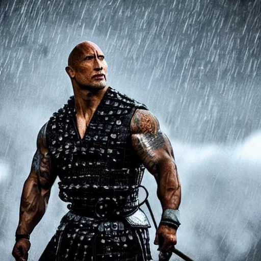 Image similar to Dwayne Johnson as samurai , under rain, dramatic, war ambience, an film still