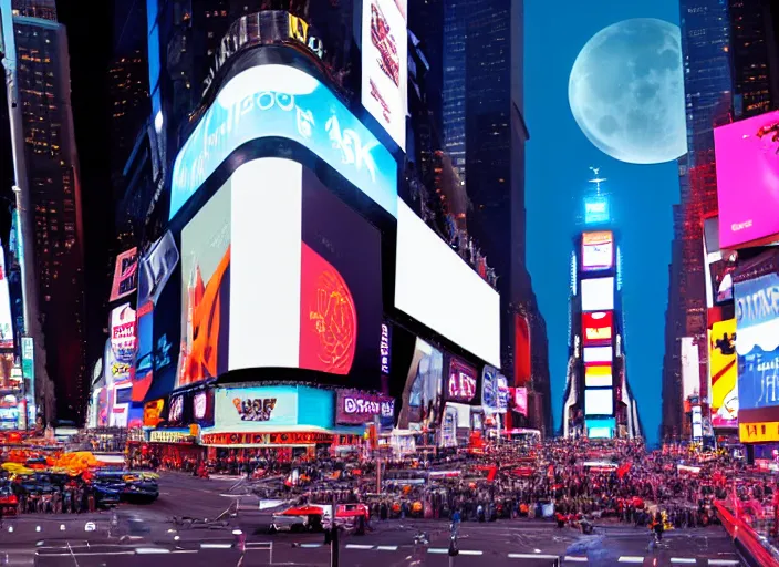 Image similar to film still of the moon shattering into pieces over time square in the new disaster movie, 8 k, night time