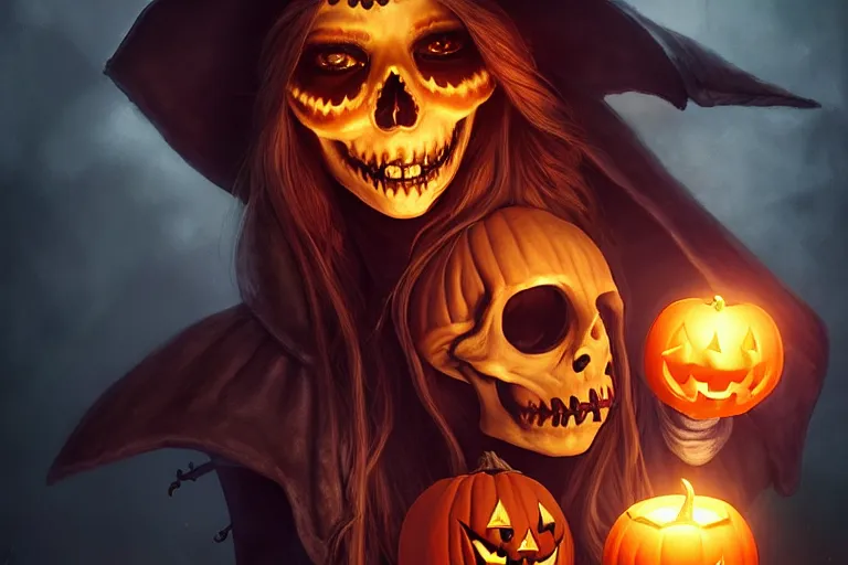 Image similar to portrait of a skeleton with a witch hat holding a jack - o - lantern, halloween night, charlie bowater, artgerm, ilya kuvshinov, krenz cushart, ruan jia, realism, ultra detailed, 8 k resolution