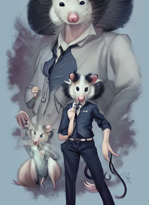 Image similar to character portrait of a male anthro opossum fursona with a tail and a cute beautiful attractive detailed furry face wearing a dress shirt and slacks outside a city tattoo parlor. Character design by charlie bowater, ross tran, artgerm, and makoto shinkai, detailed, inked, western comic book art