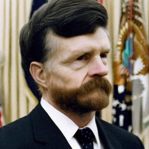 Image similar to a photograph of the unabomber wearing a suit in the oval office