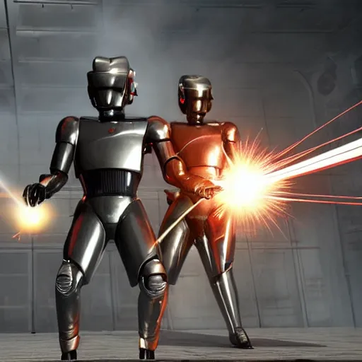 Image similar to british royal guard androids firing lasers, futuristic look, highly detailed body, very powerful, photorealistic camera shot, crisp quality and light reflections, unreal engine 5 quality render