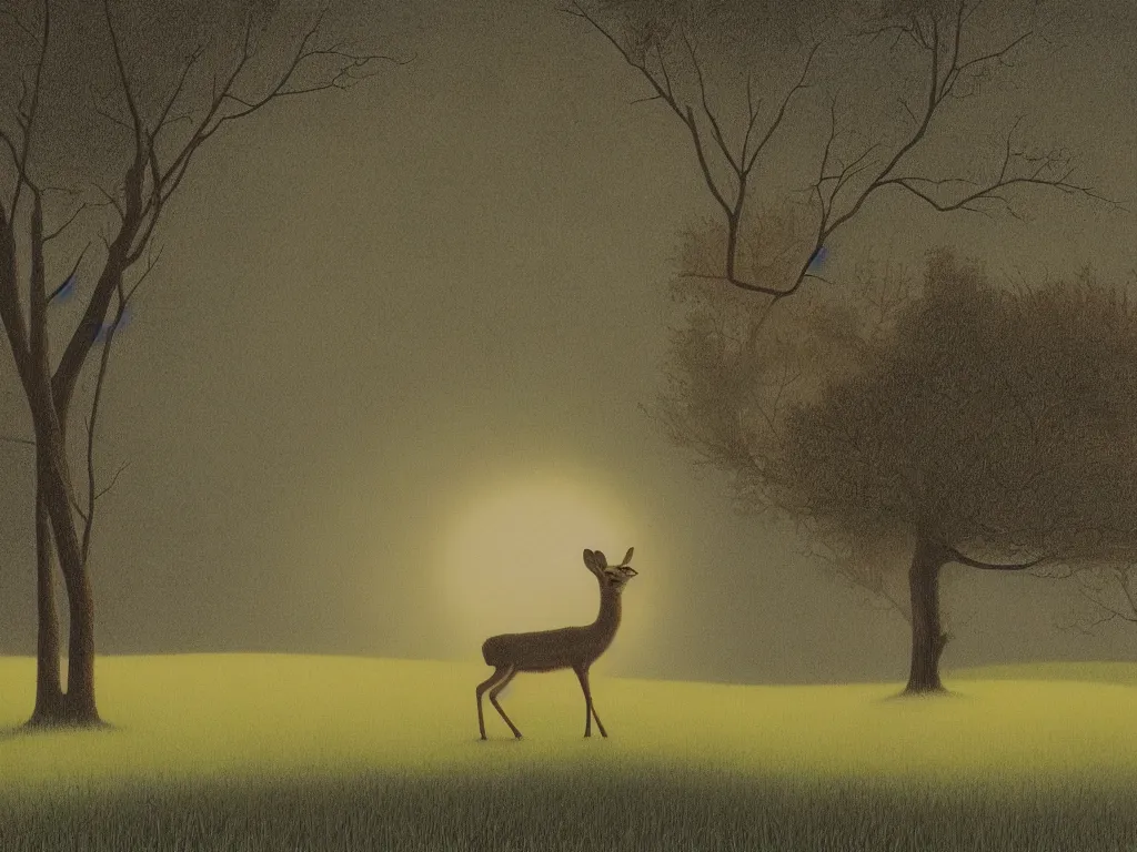 Image similar to a young deer on a suburban lawn at dusk, by quint buchholz and dean ellis