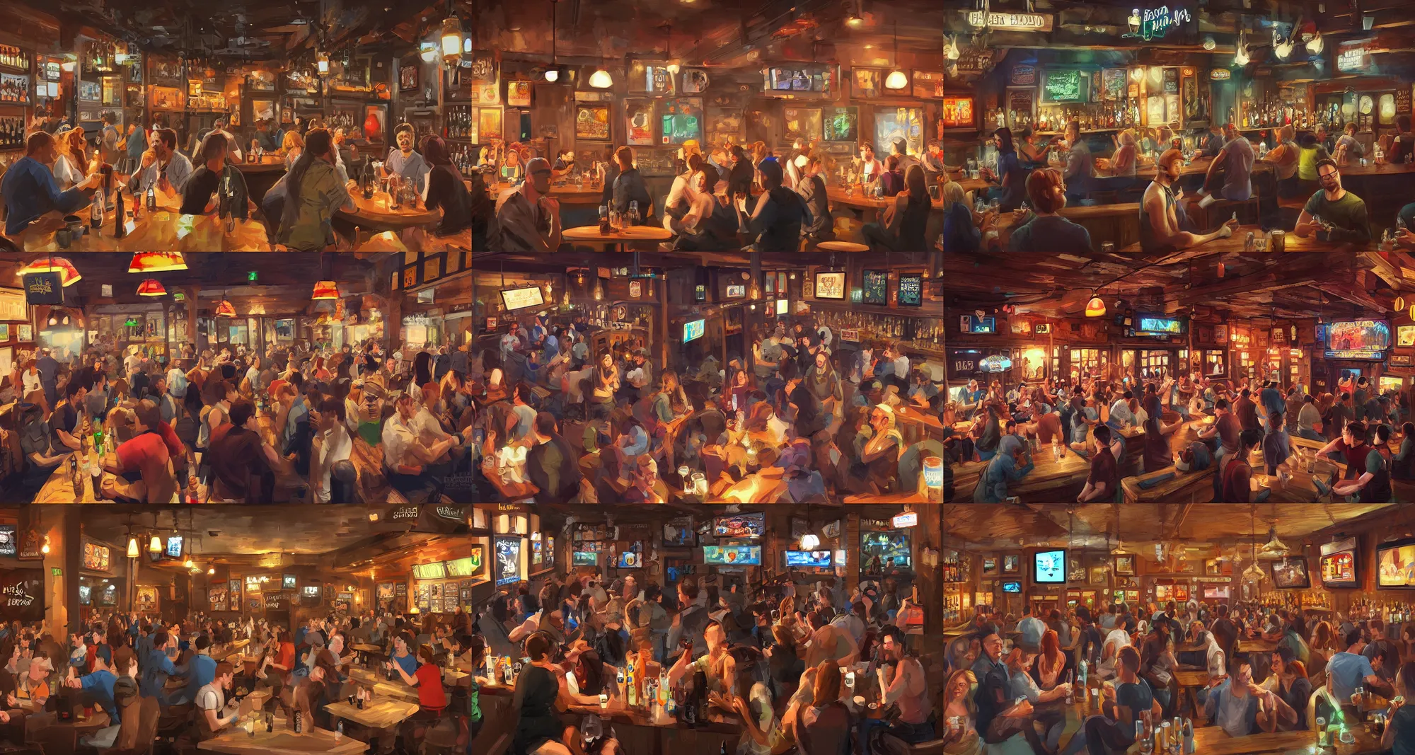 Prompt: lots of people drinking beer at a pub, digital art, great atmosphere, trending on artstation