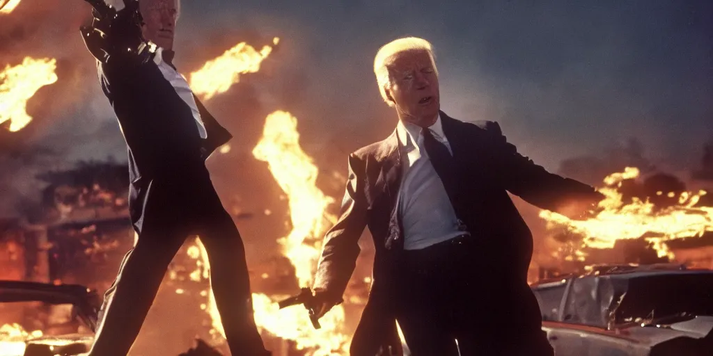 Image similar to joe biden in the terminator executing donald trump, cinematic, establishing shot, extremly high detail, photorealistic, cinematic lighting, style by James Gurney