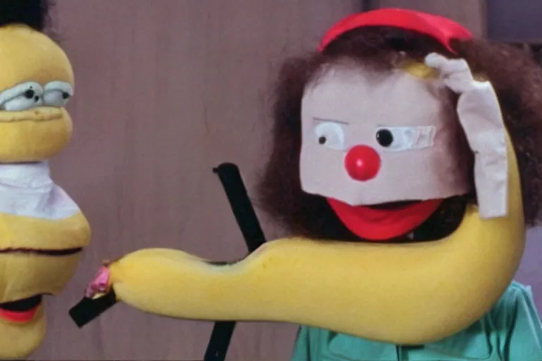 Prompt: color still frame from a surreal 1979 children's tv show with unpleasant banana sabotaging the family station wagon while sad cheese puppet cries helplessly