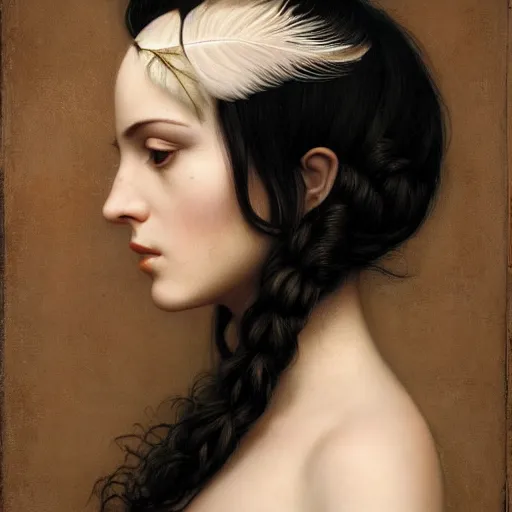 Image similar to highly detailed ilustration of a beautiful cute girl with feathers, endless black hair, with pale skin, by nicola samuri, by dino valls, by m. w. kaluta, rule of thirds, seductive look, 4 k resolution