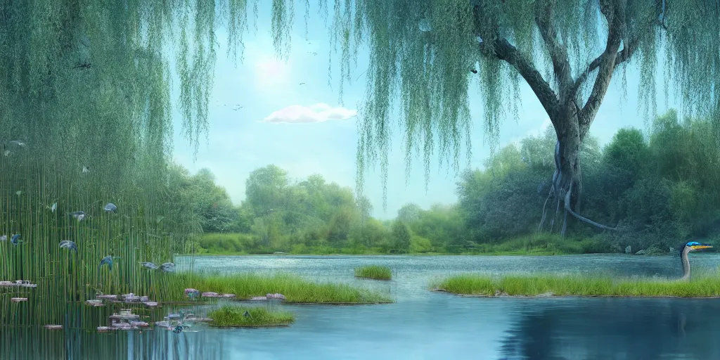 Prompt: a majestic blue heron in shallow river, waterfalls in distance, willow trees, cherry blosom trees, lily pads, bullrushes, marsh, clouds, godrays, intricate, luminescent matte painting, highly detailed, artstation