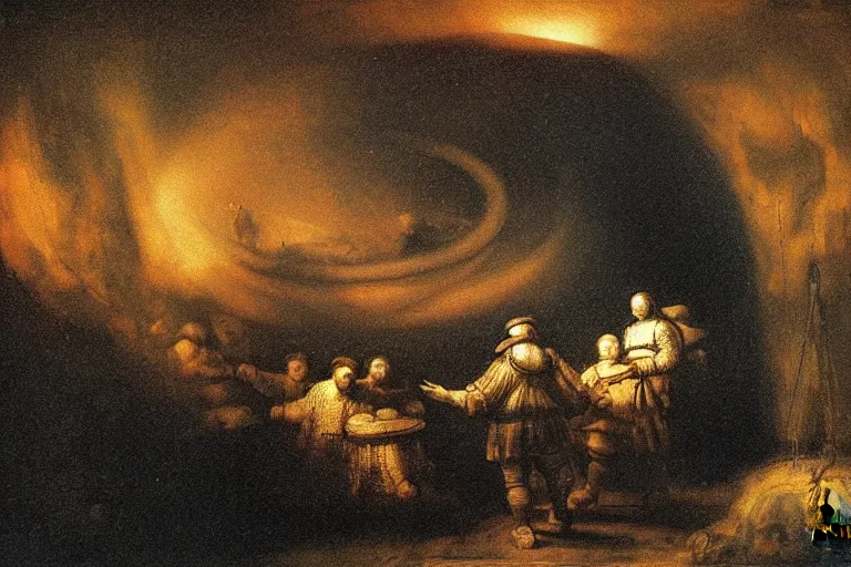 Prompt: humans and a black hole by rembrandt, masterpiece, detailed, warm colors