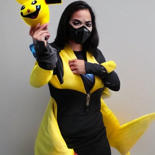 Prompt: woman dressed up as mortal kombat pikachu