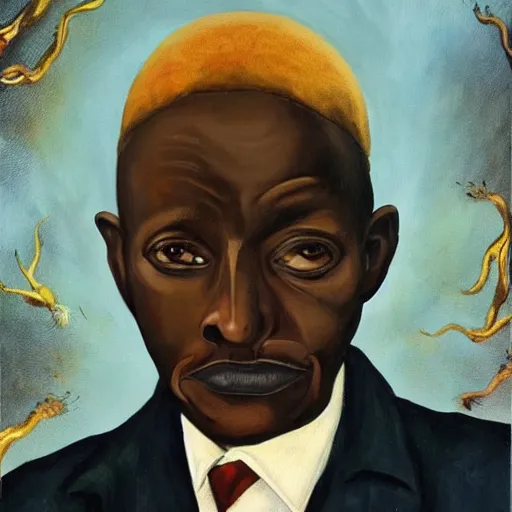 Image similar to a painting of a loving, caring fatherly wide forehead, aquiline nose, round face, XXL , generous, ever-present, humble, wise elder from Kenya in a suit by Wangechi Mutu . Fatherly/daddy, focused, loving, leader, relaxed. Gold background, heavenly lights, details, smooth, sharp focus, illustration, realistic, cinematic, artstation, award winning, rgb , unreal engine, octane render, cinematic light, macro, depth of field, blur, light and clouds, highly detailed epic cinematic concept art CG render made in Maya, Blender and Photoshop, octane render, excellent composition, dynamic dramatic cinematic lighting, aesthetic, very inspirational, arthouse.