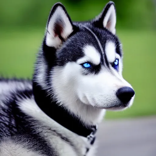 Image similar to a husky with black jacket and blue eyes