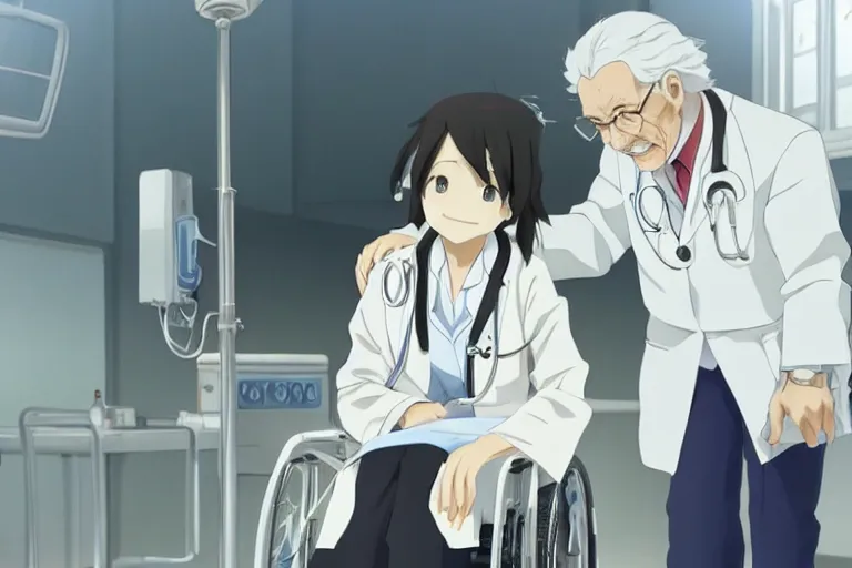 Prompt: a cute young female doctor wearing white coat, an old man of 80 years in a wheelchair, hospital ward, slice of life anime, cinematic, realistic, highly detailed, 8kHDR, anime scenery by Makoto shinkai