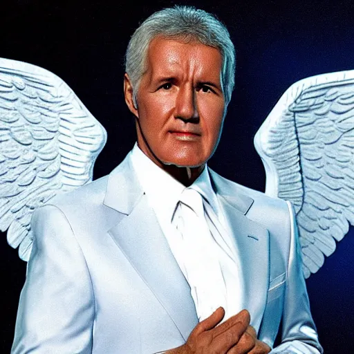 Image similar to alex trebek as an angel, futuristic, dreamy, wings spread