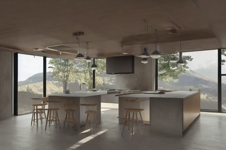 Image similar to solarpunk modern kitchen in a mountain mansion, liminal space, high detail, rendered in unreal engine, 3d render, god rays, volumetric lighting, HDR, subsurface scatter, mansion, interior, large windows, rich house