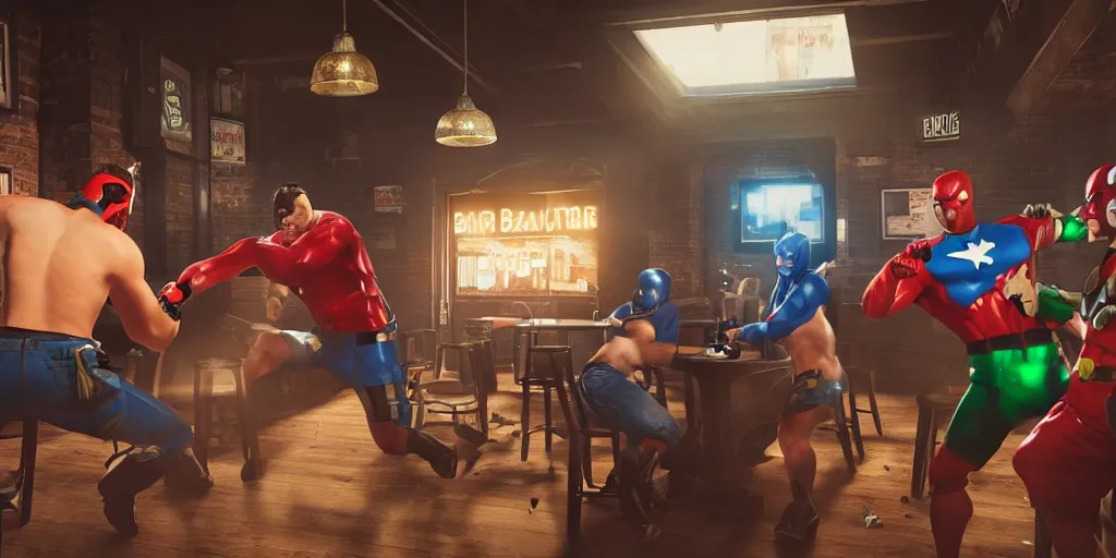 Prompt: a bar fight inside a pub between costumed super heroes, photorealistic, crisp details, wide angle lens, octane render, caustics