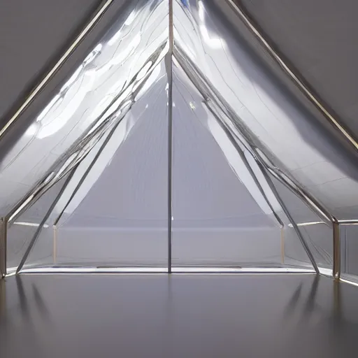 Image similar to an ultra high definition professional studio quality photograph of a transparent iridescent perspex pastel coloured raincoat tent combo on a white coat hook in an empty white room. dramatic lighting, ray tracing, refraction, shallow d. o. f, colour corrected, golden ratio, three point light. volumetric shadows. light rays.