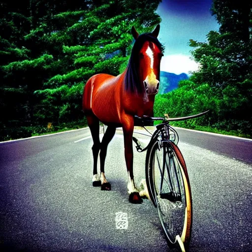 Prompt: horse bicycle!!!, cycling!!, anthropomorphic!!!, mountains, award winning photo,