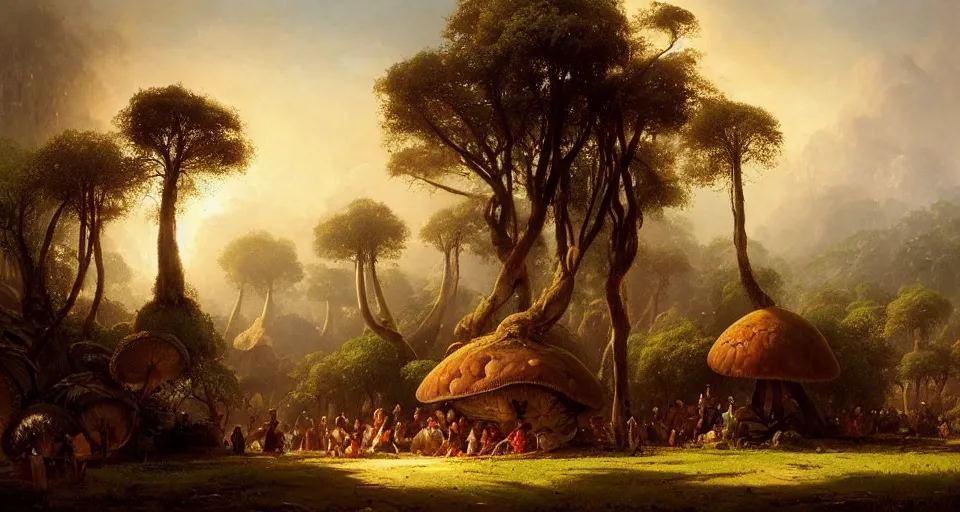 Image similar to A tribal village in a forest of giant mushrooms, by Ivan Aïvazovski,